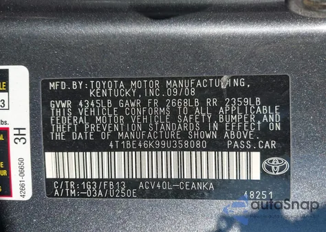 2009 Toyota Camry Le z USA, uszkodzony, nr VIN 4T1BE46K99U358080